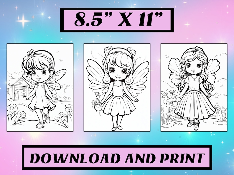 May include: Three black and white printable coloring pages featuring fairies with wings. Each fairy is wearing a dress and has a different hairstyle. The pages are 8.5 inches by 11 inches.