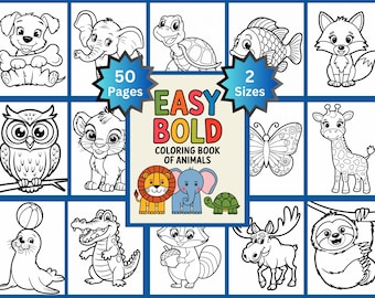 Bold and Easy Animal Coloring Book, 50 Pages, 2 Sizes, Cute Creatures, Simple Line Art
