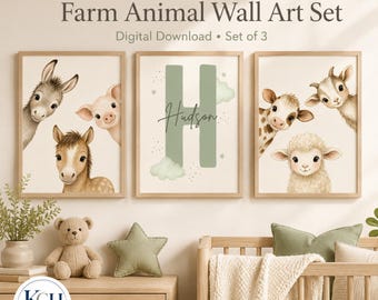 May include: A set of three framed wall art prints featuring illustrations of farm animals including a donkey, pig, horse, cow, and sheep. The center print displays a large green letter H with the name Hudson written in cursive script.