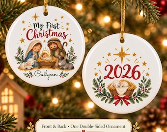 My First Christmas Nativity Ornament, Personalized Baby Keepsake, Holy Family Tree Decor