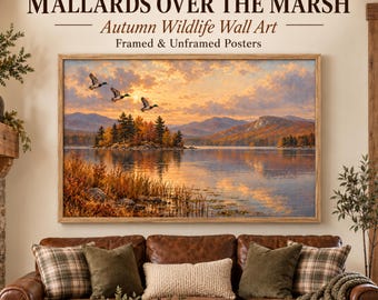 Vintage Mallard Autumn Lake Wall Art, Flying Ducks, Mountain Landscape, Rustic Cabin Decor