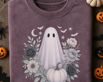 Pastel Floral Ghost Halloween Design, PNG SVG (Digital Download)