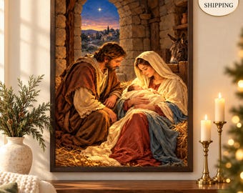 Heavens Gift Nativity Wall Art, Holy Family Portrait, Christian Christmas Decor, Bethlehem Scene
