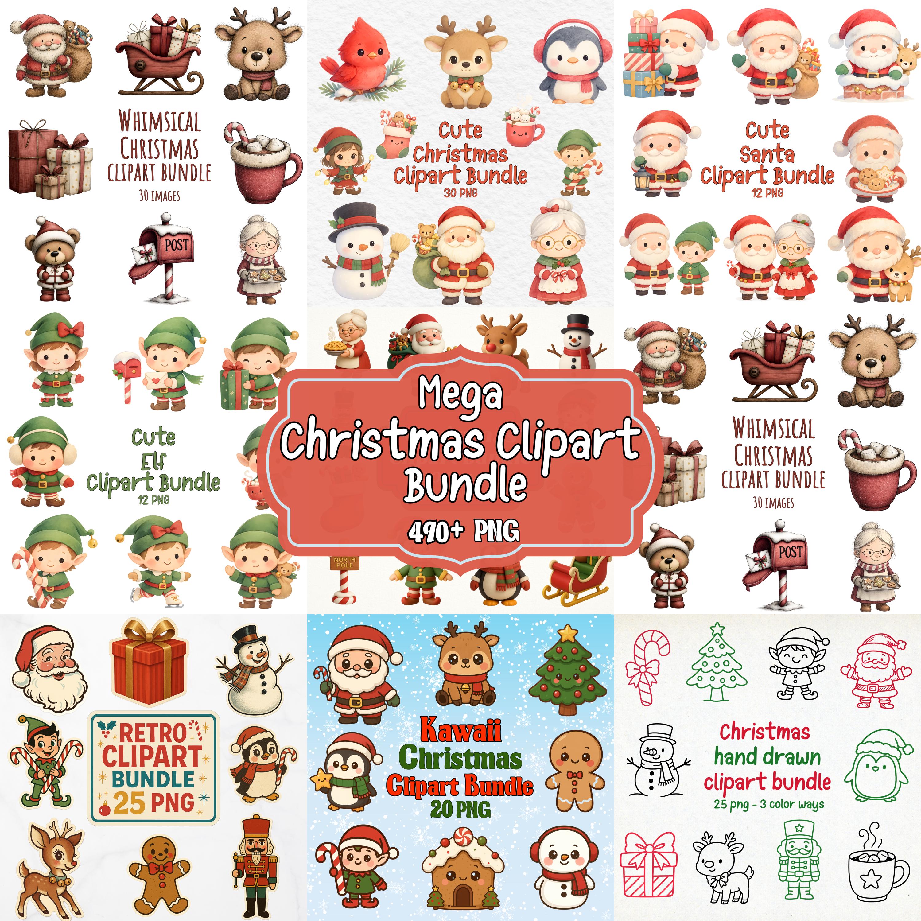 Mega Christmas Clipart Bundle 490+ PNG | Cute Santa, Elves, Reindeer ...