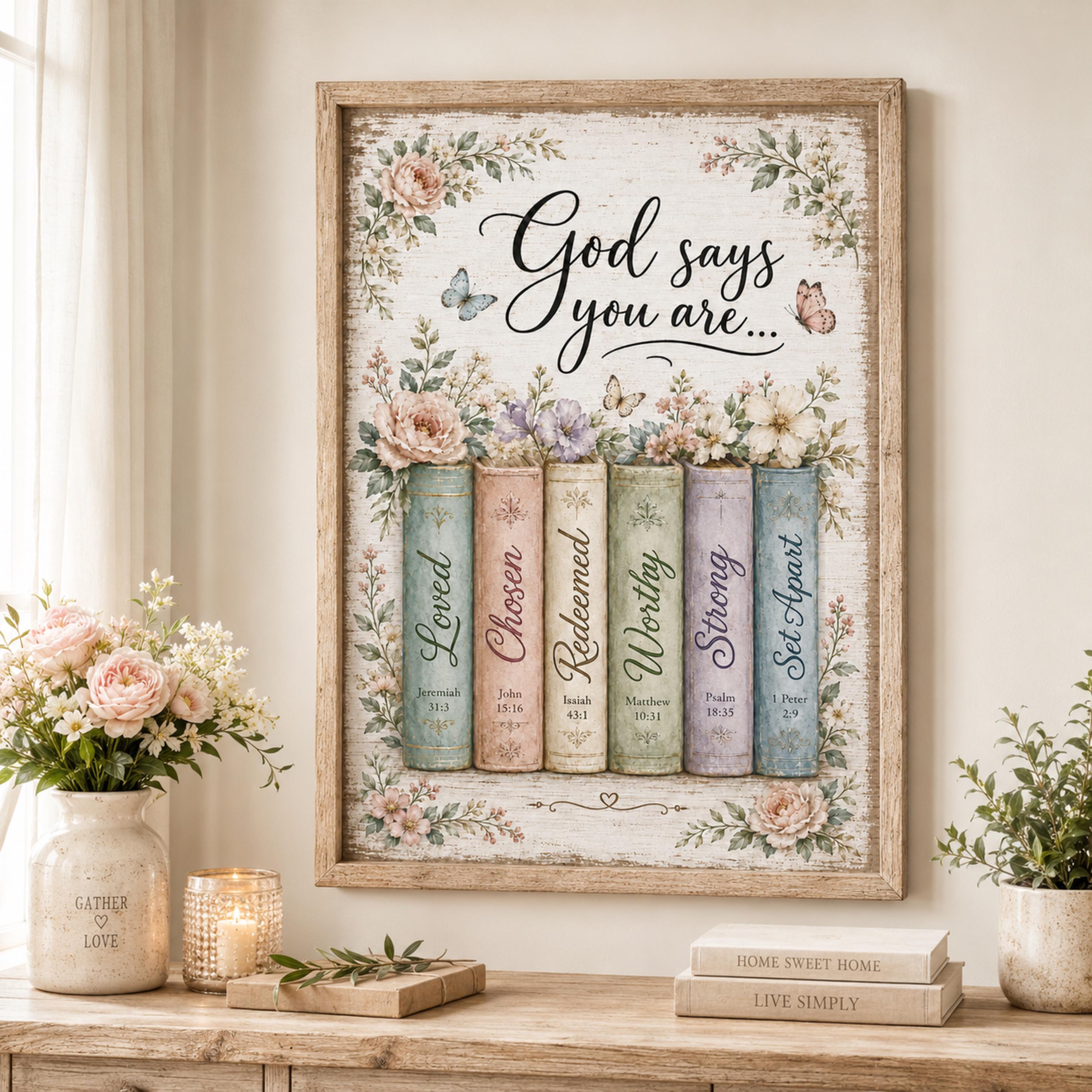 God Says You Are Christian Wall Art Printable, Bible Verse Floral Book ...