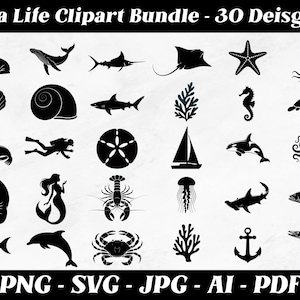 Sea Life clipart, oceaan clipart, zeedieren illustraties, dierlijke clipart png, dierenbundel svg, oceaanleven svg, dierlijk silhouet, haai svg