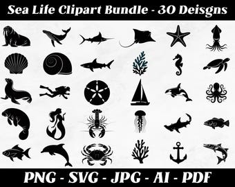 Imágenes prediseñadas de vida marina, imágenes prediseñadas del océano, imágenes prediseñadas de animales marinos, imágenes prediseñadas de animales png, paquete de animales svg, vida oceánica svg, silueta de animal, tiburón svg