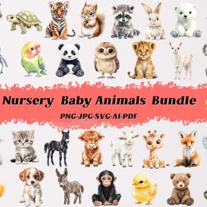 Clip Art de Animais, pacote de clipart de animais, animais de berçário em aquarela. pacote de animais bebês, pacote de animais svg, download de png de animais fofos