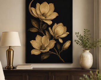 Black Gold Magnolia Wall Art, Moody Floral Print, Dark Botanical Decor