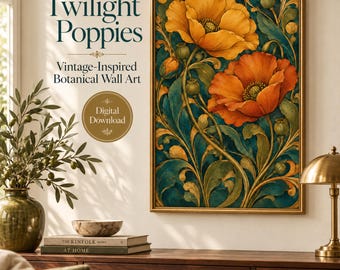 Twilight Poppies wall art, vintage floral download
