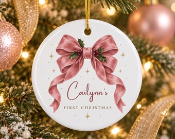Personalized Babys First Christmas Ornament, Pink Velvet Bow, Custom Name Keepsake, Baby Girl Gift