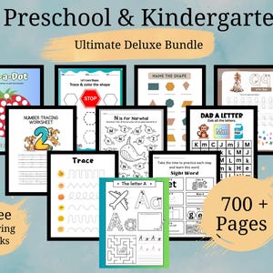 May include: A set of educational worksheets for preschool and kindergarten, featuring tracing, colouring, and shape recognition exercises. The bundle contains over 700 pages of learning resources, with the text "Ultimate Deluxe Bundle" and "Free Colouring Books".