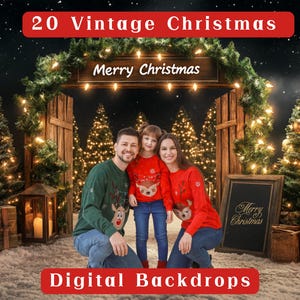 May include: A family of three pose in front of a vintage Christmas backdrop with twinkling lights and a wooden archway. The backdrop features a sign that reads "Merry Christmas". The family are wearing matching red and green Christmas jumpers with reindeer designs.