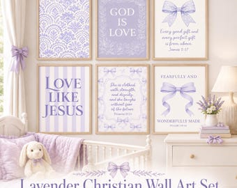 Lavender Christian Scripture Art Prints – Coquette Bow Nursery Decor (Instant Download)