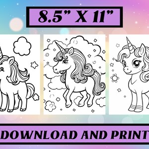 May include: Three black and white unicorn colouring pages. The pages are 21.6 cm x 27.9 cm and feature different unicorn designs with clouds and stars. Text at the bottom says "DOWNLOAD AND PRINT".