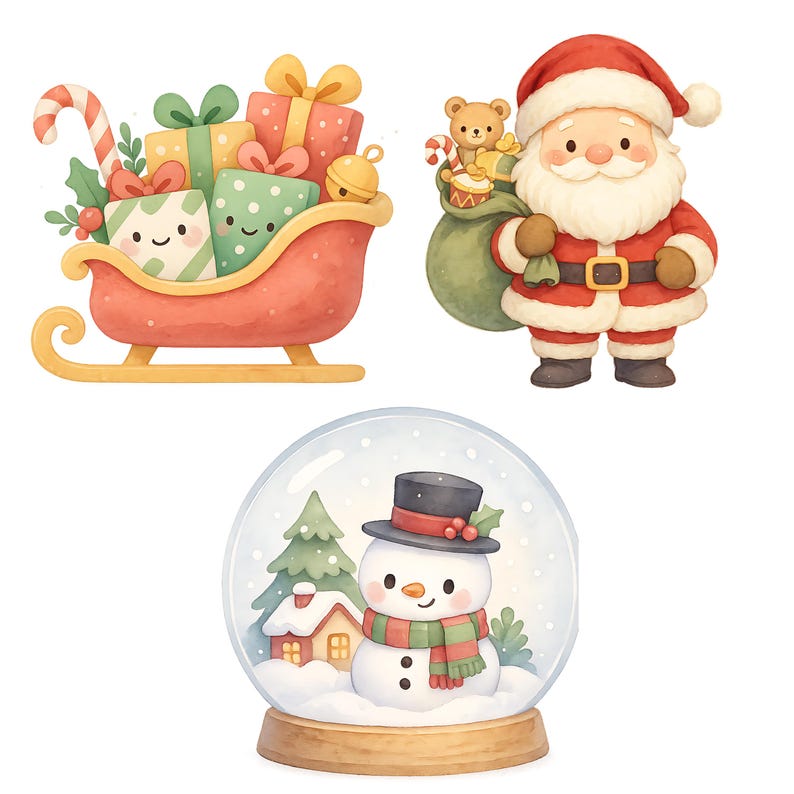 Cute Christmas Watercolor Kawaii Clipart Bundle – 30 PNG Images | Santa ...