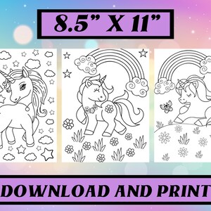 May include: Three black and white unicorn colouring pages. Each page features a unicorn with clouds, stars, rainbows, flowers, and a butterfly. The pages are 21.6 cm x 27.9 cm and the text "DOWNLOAD AND PRINT" is displayed.