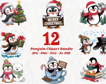 Watercolor Penguin Clipart Bundle: Winter Holiday Designs (Digital Download)