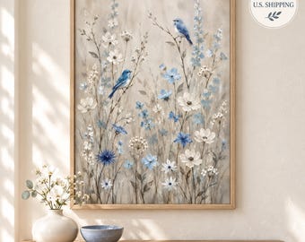 Bluebird Serenade Floral Wall Art, Cottagecore Decor, Wildflower Painting, Nature Artwork