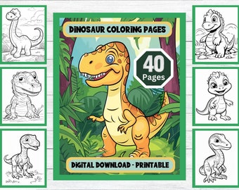 Puede incluir: Un libro para colorear imprimible con 40 páginas de ilustraciones de dinosaurios. La portada muestra un dinosaurio T-Rex de dibujos animados en un entorno de jungla. El texto de la portada dice "Dinosaur Coloring Pages" y "40 Pages".