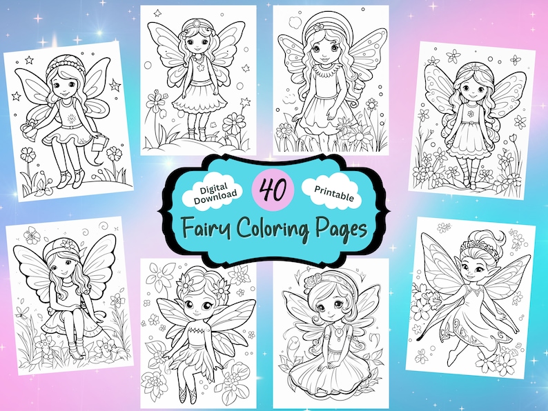 May include: A set of 40 printable coloring pages featuring fairies with wings, flowers, and other whimsical details.  Digital Download and Printable.