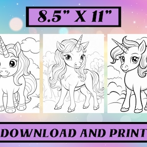 May include: Three black and white unicorn coloring pages are shown, each with a different pose. The pages are 21.6 cm x 27.9 cm in size. The text "DOWNLOAD AND PRINT" is at the bottom of the image.