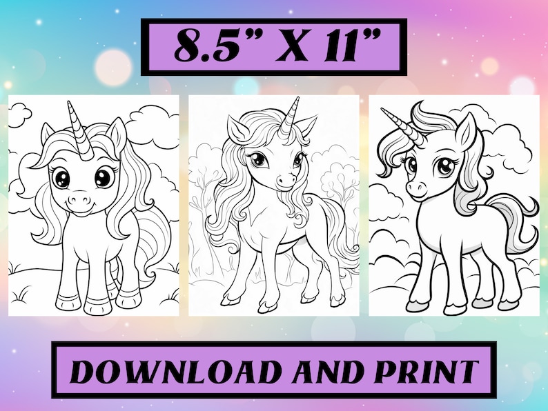 May include: Three black and white unicorn coloring pages are shown, each with a different pose. The pages are 21.6 cm x 27.9 cm in size. The text "DOWNLOAD AND PRINT" is at the bottom of the image.