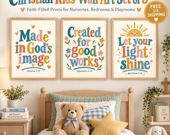 Christian Kids Scripture Wall Art Set, Bible Verse Prints, Colorful Nursery Decor