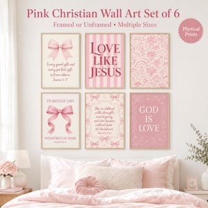 May include: A set of six rectangular wall art prints in shades of pink and white. The prints feature various designs including pink bows, striped patterns, floral motifs, and religious text such as Love Like Jesus and God Is Love.