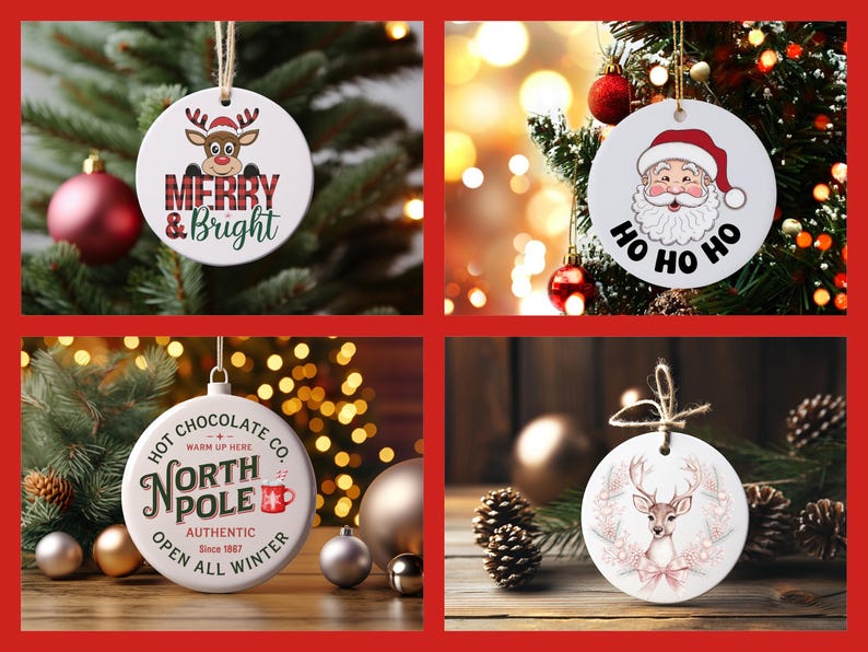 May include: Four round white ceramic Christmas ornaments with different designs. The first ornament features a red reindeer with the text "Merry & Bright". The second ornament features a cartoon Santa Claus with the text "Ho Ho Ho". The third ornament features a red and white mug with the text "Hot Chocolate Co. North Pole Authentic Since 1967 Open All Winter". The fourth ornament features a white deer with a pink bow and floral accents.