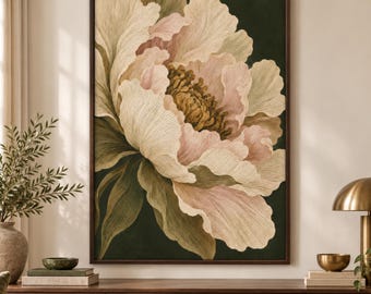 Olive Peony Wall Art, Vintage Botanical Print, Dark Green Floral Poster, Elegant Home Decor