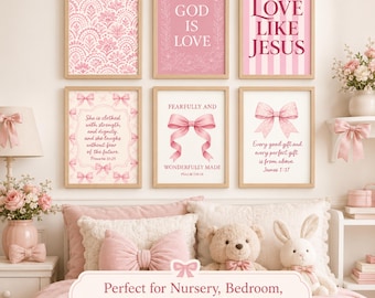 Pink Christian Wall Art Set of 6 – Scripture Prints for Girls Room & Nursery, Coquette Bow Bible Verse Decor, Instant Download