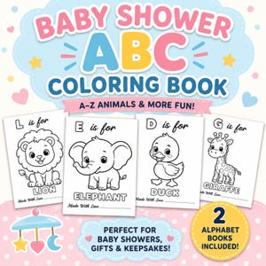 Baby Shower ABC Coloring Book, Baby's First Alphabet Animal Activity Pages, Printable Game Keepsake