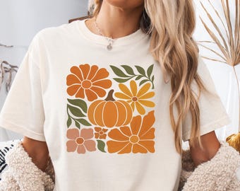 Retro Pumpkin Floral Comfort Colors T-Shirt, Autumn Garden Design