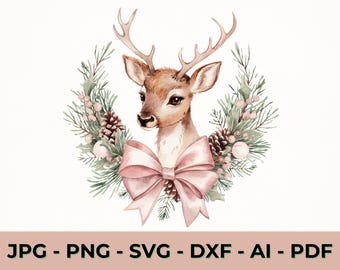 Coquette Reindeer PNG, Pink Christmas SVG, Girly Holiday Sublimation Clipart