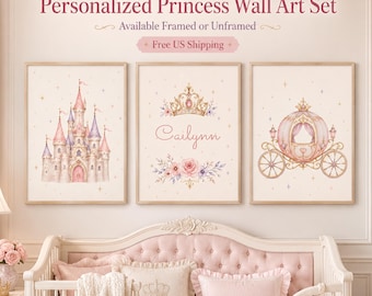 May include: A set of three wall art prints featuring a pink castle, a gold crown above the name Cailynn with floral accents, and a pink carriage. The text reads Personalized Princess Wall Art Set, Available Framed or Unframed, Free US Shipping.
