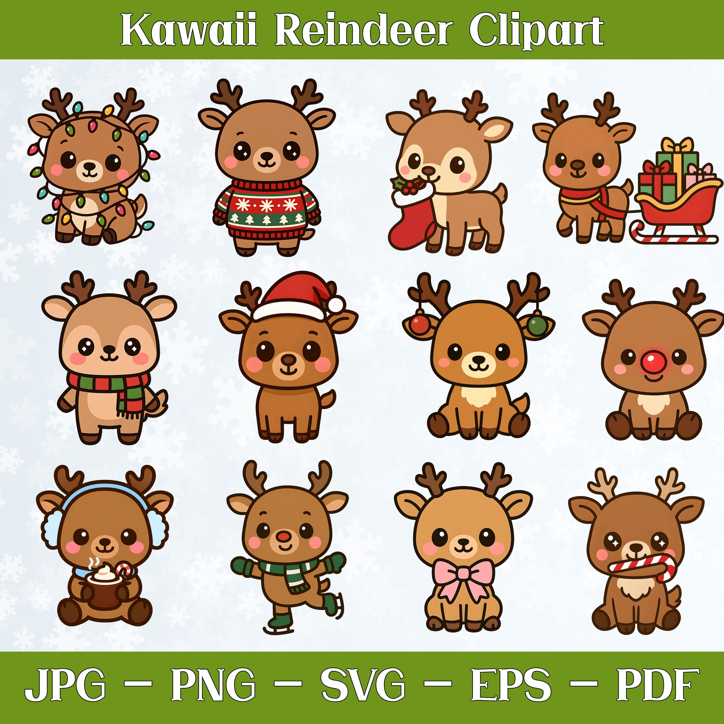 Kawaii Reindeer Clipart Bundle PNG SVG | Kawaii Clipart Bundle | Cute ...