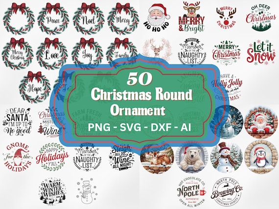 Round Christmas Ornaments Clipart Bundle, 50 Designs, Holiday Craft Graphics