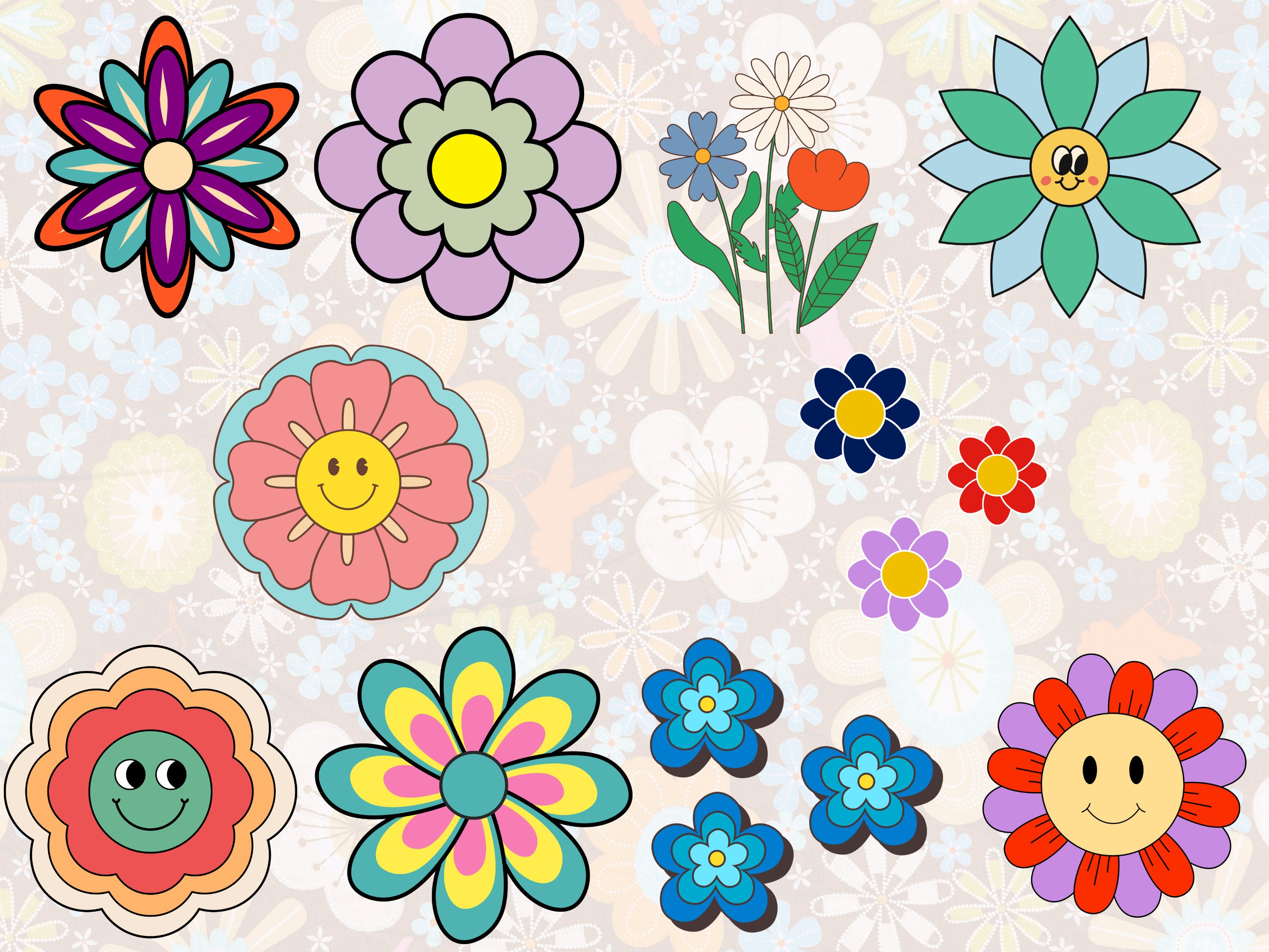 Retro Flower SVG Bundle: Groovy Smiley Face Designs (digital Download ...