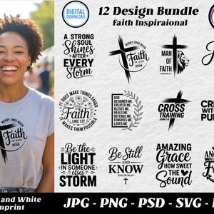 May include: A light gray t-shirt with a black cross graphic and the text "Worry Ends When Faith in God Begin." The image also features a 12-design bundle of faith-inspired graphics in black and white.