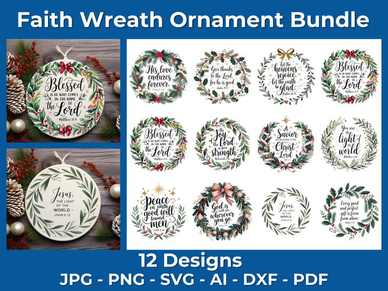 Faith Wreath Bundle for Christmas, Christian Clipart, Bible Verse Ornaments image 1
