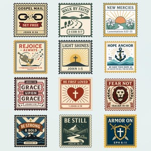 Könnte beinhalten: Eine Sammlung von zwölf Briefmarken mit religiösen Themen. Jede Briefmarke hat ein einzigartiges Design, darunter Kreuze, inspirierende Zitate und Illustrationen einer Trompete, eines Ankers und eines Löwen. Die Briefmarken sind in verschiedenen Farben, darunter Beige, Grün und Blau.