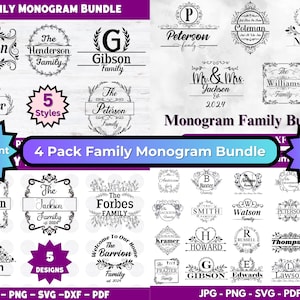 May include: A digital download bundle of 35 different family monogram designs in 5 styles. The bundle includes 15 free fonts and is available in JPG, PNG, SVG, DXF, and PDF formats. The image shows a variety of monogram designs with different fonts and styles.