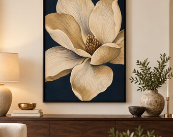 Magnolia Wall Art in Navy and Gold, Botanical Poster, Oversized Floral Decor