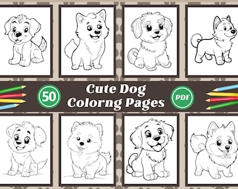 May include: A set of 50 black and white coloring pages featuring cute dog illustrations. The title "Cute Dog Coloring Pages" and the text "PDF" are visible on the page.