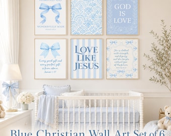 Blue Christian Wall Art Set of 6 – Scripture Prints for Girls Room & Nursery, Coquette Bow Bible Verse Decor, Instant Download