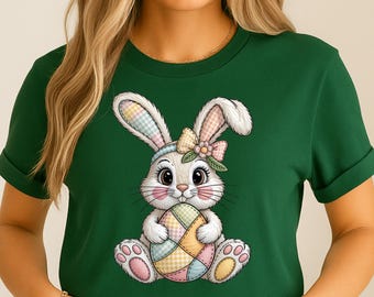 Whimsical Patchwork Easter Bunny PNG, Pastel Gingham Egg Spring Sublimation Design