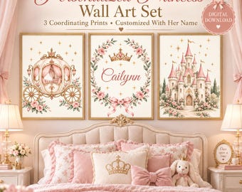 Personalized Princess Wall Art Set, Nursery Prints, Pink Castle, Floral Carriage, Custom Name