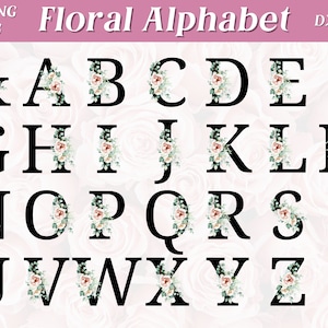 Alfabeto floral, Alfabeto floral SVG, Alfabeto floral PNG, PNG floral de acuarela, clipart floral de acuarela, monograma de letra floral