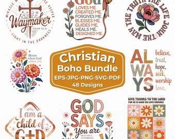 Paquete bohemio cristiano: 48 diseños de fe (svg, png, jpg, eps, pdf), citas bíblicas, flores retro, Cricut y sublimación, pegatinas para pared.